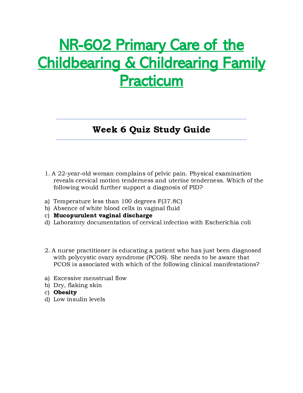 Preview of NR602 / NR-602 Week 6 Quiz Study Guide (Latest): Primary Care of the Childbearing & Childr